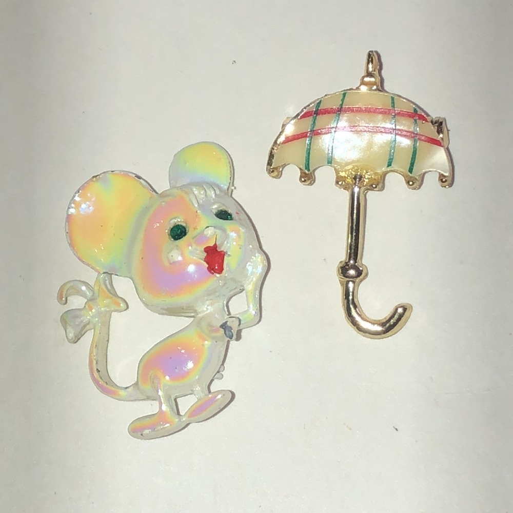 Cute Iridescent Mouse & Umbrella Vintage Brooch Set - White